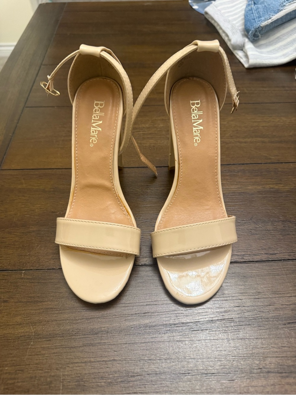 Bella Marie Beige Patent Ankle-Strap Block Heels